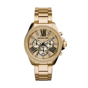 Michael Kors Chronograph Crystal Pave Dial Gold Steel‎ Strap Watch W/ Case Works